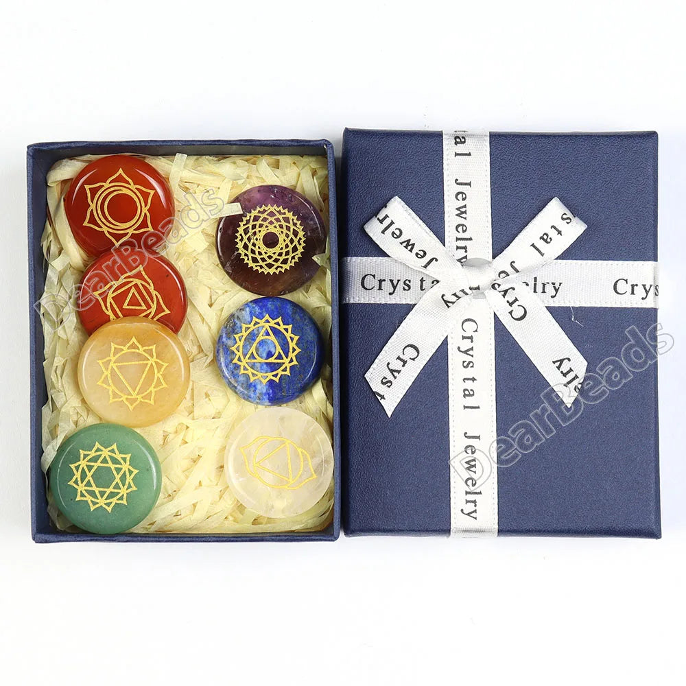 Natural Engraved Gemstone Kit Yoga 7 Chakra Crystal Healing Box Set Balancing Seven Chakra Stone Set with Package