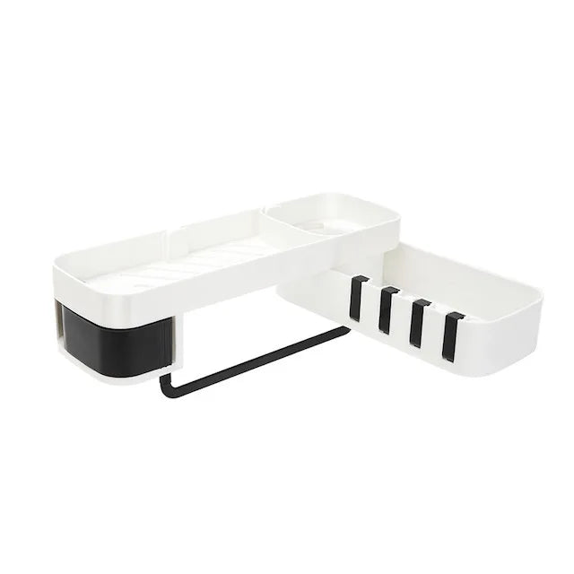 Seamless Rotating Tripod Shower Shelf 4 Hooks and Towel Holder for Bathroom and Kitchen