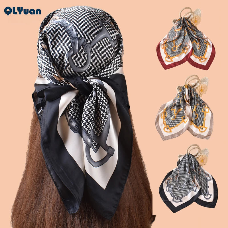 2025 Summer Collection Elegant Cardinale Chain Argyle Leaf 70*70cm Satin Chiffon Square Scarf Headscarf Customized Design
