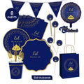 608232 Blue Set Eid Mubarak Printed Paper Disposable Happy Ramadan Party Supplies Plate Cup Napkin Bunting Banner Gift Bag