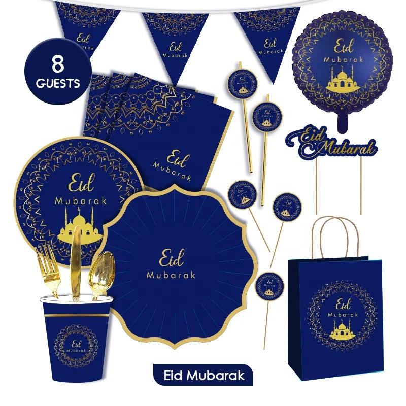 608232 Blue Set Eid Mubarak Printed Paper Disposable Happy Ramadan Party Supplies Plate Cup Napkin Bunting Banner Gift Bag