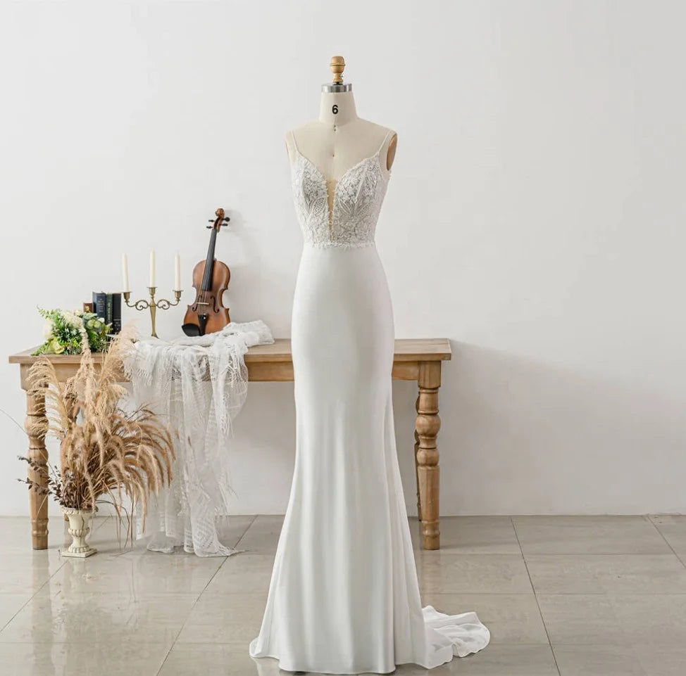 11363 #French Elegant Open Back Trumpet Sleeveless Satin Wedding Dress 2021 V Neck Sweep Train Spaghetti Straps Bridal Gowns