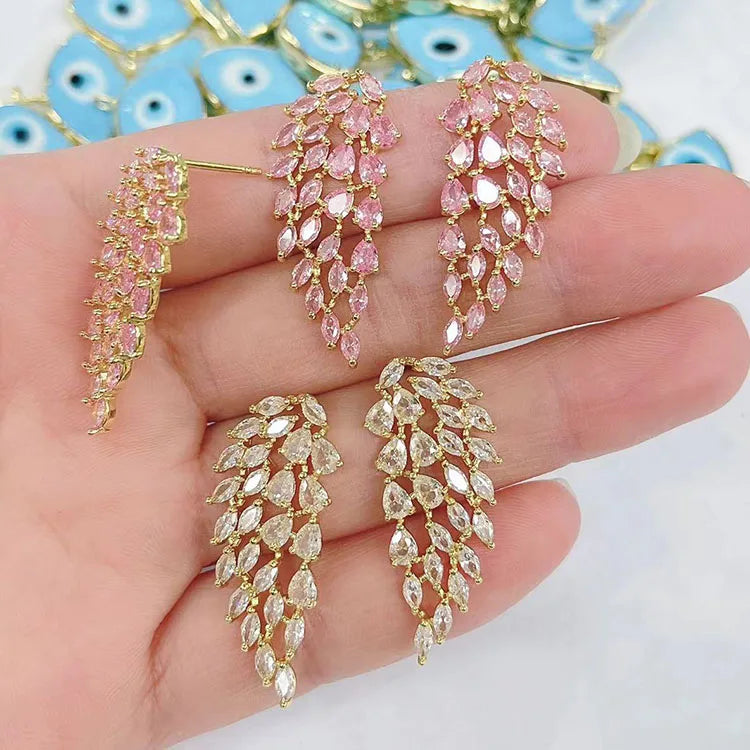 EC1910 Chunky Big 18k Gold Plated Crystal Diamond CZ Angel Wing Feather Stud Earrings for Women