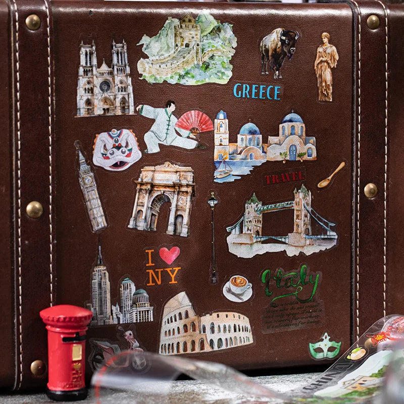 1Roll Tape Wandering World Series Hand-painted City Handbook Decoration Die-cut Travel Tape