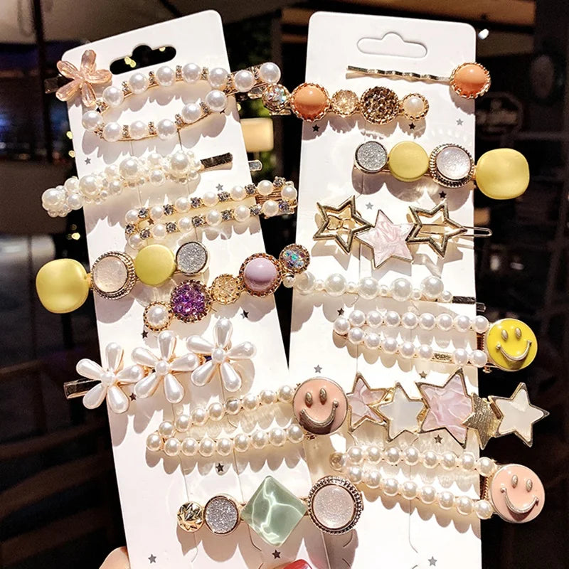 MIO Ins Fashion Pearl Hair Clips Geometric Color Crystal Pearl Hair Clip Set Sweet Girls Hair Clips Accessories