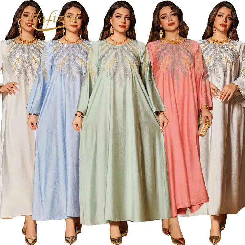 Hafizah 2026 Dubai Luxury Multi Color Feather Embroidery Muslim Long Dress Round Neck Bell Sleeve Modest Abaya