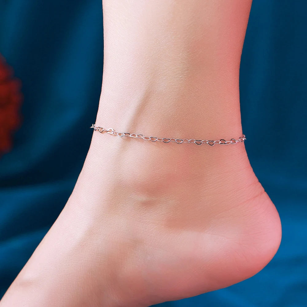 New Design Rhodium Plated Heart Shaped Chain Link Pure S925 Sterling Silver Anklets for Women Summer Beach Jewelry Accessories