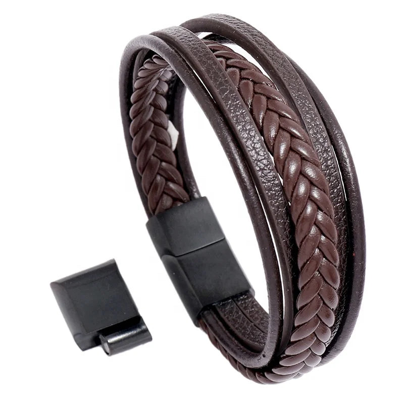 Men's Multilayer Braided Leather Bracelet New Creative Stainless Steel Magnetic Buckle Fashion Charm Bracelets