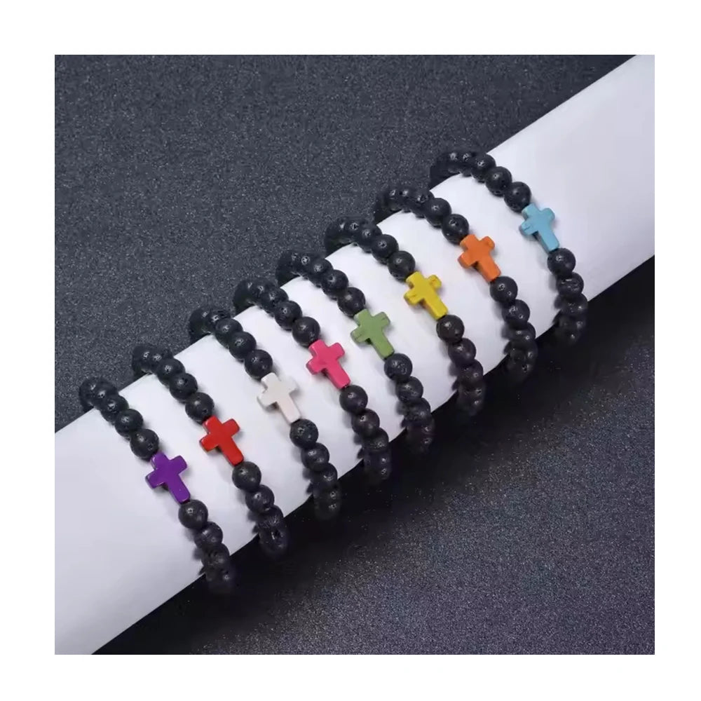 Fashion Volcanic Lava Rock Stone Turquoise Bracelet 8mm Women Natural Stone Beads Men's Cross Bracelet