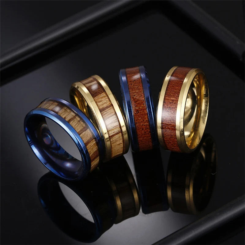 RisingMoon Men's Wood Wedding Band Ring Custom Stainless Steel Wood Rings for Men
