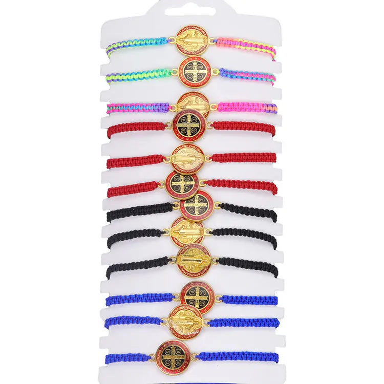 Traditional Handmade Rope Braided Religious Bracelet Jewelry Simple Gold Round Saint Benedict Saint Jude Virgin Mary Bracelets