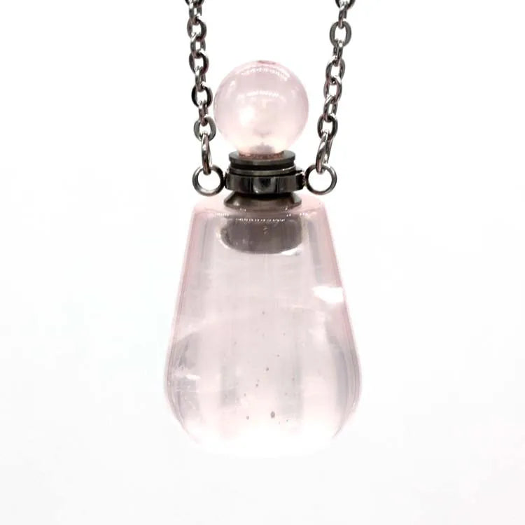 Hongzhuo Essential Oil Bottles Rose Quartz Necklace Silver Chain Bottle Perfume Pendant Charm Aromatherapy Crystal Stone Necklace Jewelry