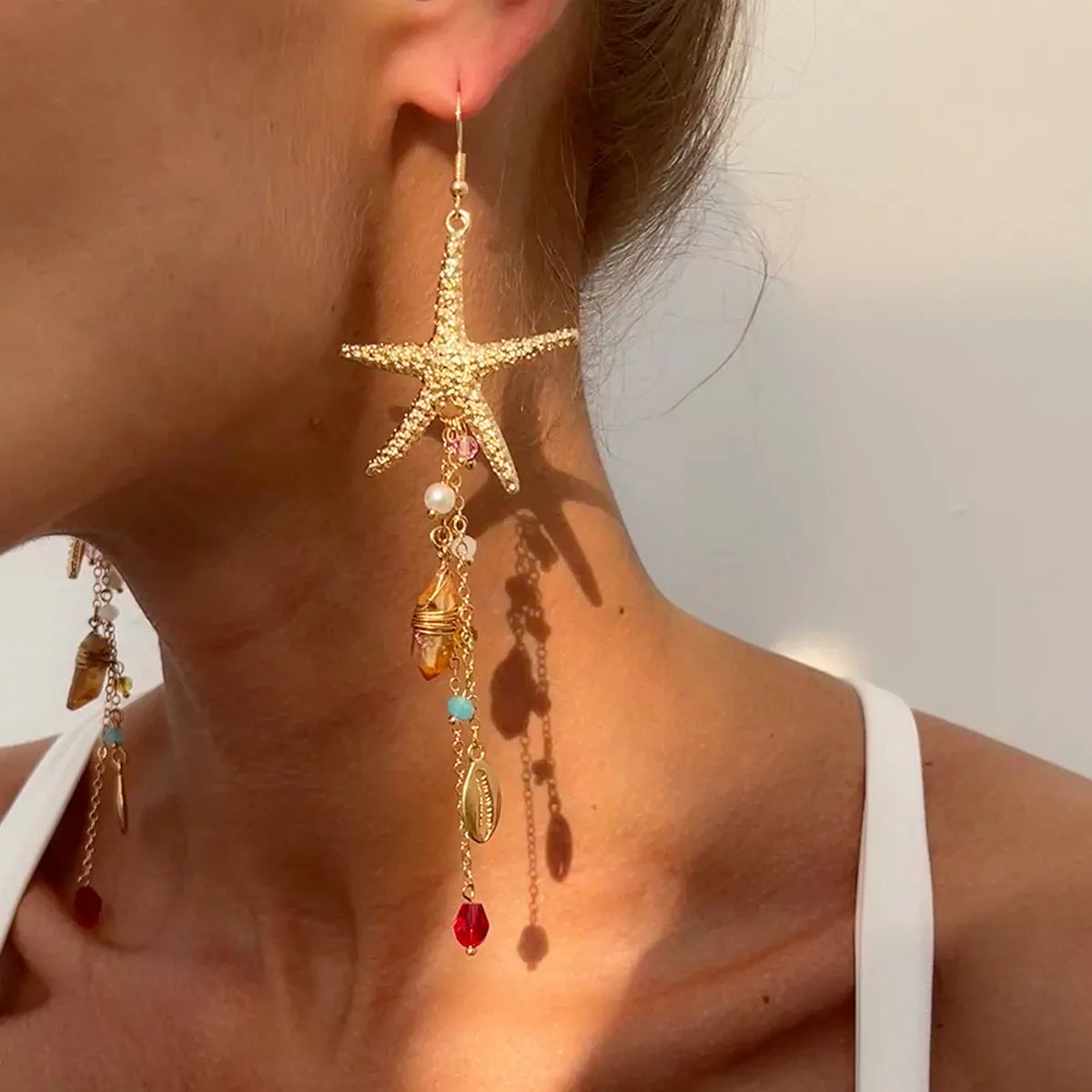 2025 New Arrival Fashion Jewelry European Ocean Metal Starfish Jellyfish Earrings Bohemian Pearl Crystal Tassel Long Earrings