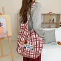 Retro Plaid Women's Tote Shoulder Bag Large Capacity Ladies Cute Dog Shopping Bags Casual Double-sided Female Corduroy Handbags