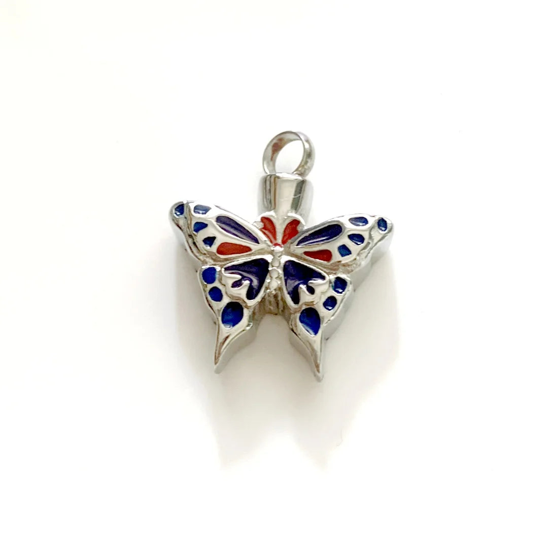 Stainless Steel Silver Plated Enamel Colorful Butterfly Children's Cremation Jewelry Urn Necklace Memorial Pet Human Keepsake