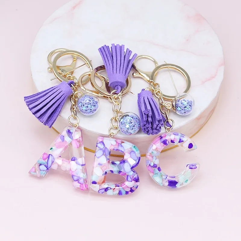 Fashion Tassel Keychains A-Z Letters Initial Resin Key Chains Rings Handbag Pendant Cute Car Keyring Charm Bag Accessories Gifts