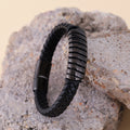 Men Black Leather Bracelet Braided Leather Wristband Cuff Bracelet Stainless Steel Magnetic Clasp