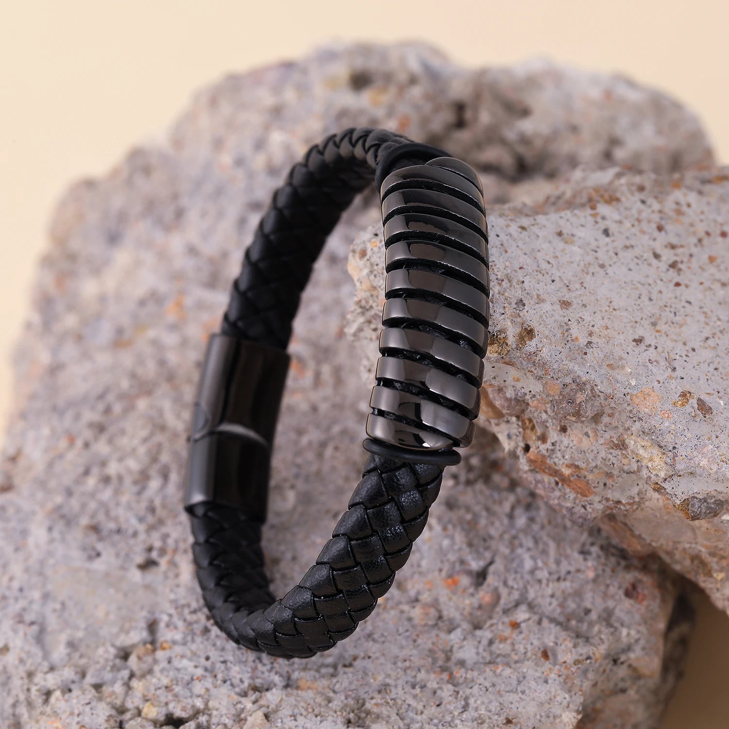 Men Black Leather Bracelet Braided Leather Wristband Cuff Bracelet Stainless Steel Magnetic Clasp