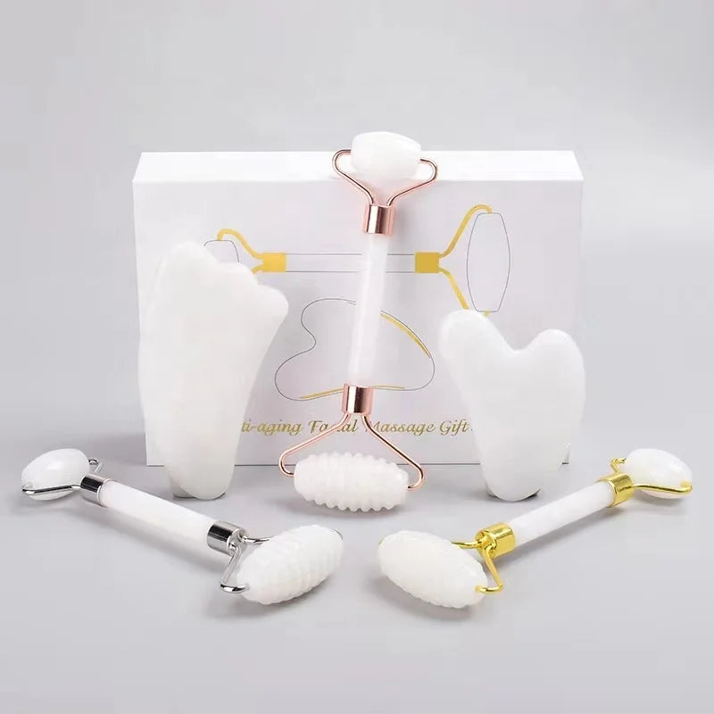 Custom Natural Stone White Anti Aging Jade Roller Set White Jade Roller and Guasha Set for Face Tighten Jade Roller and Gua Sha