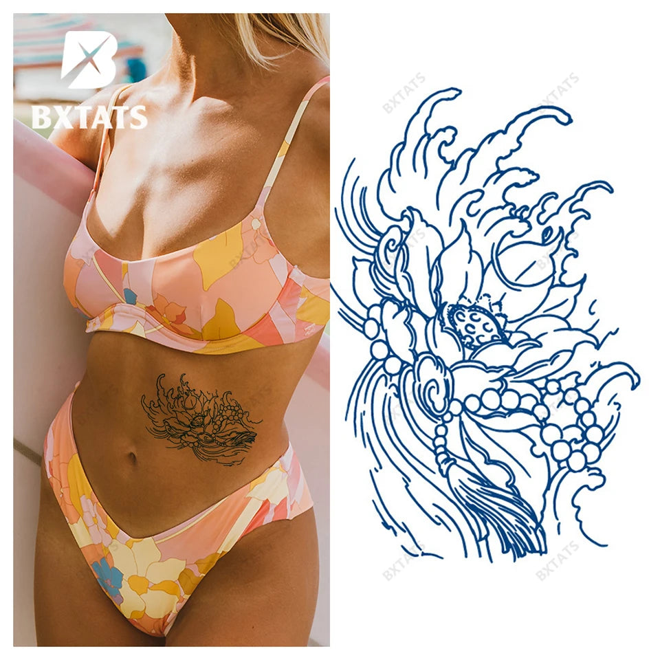 BXTAT Semi-Permanent Blue Genipa Juice Tattoos Temporary Wolf Prayer Lotus Beads Carp Chinese Monkey King Night Owl GZ121to126