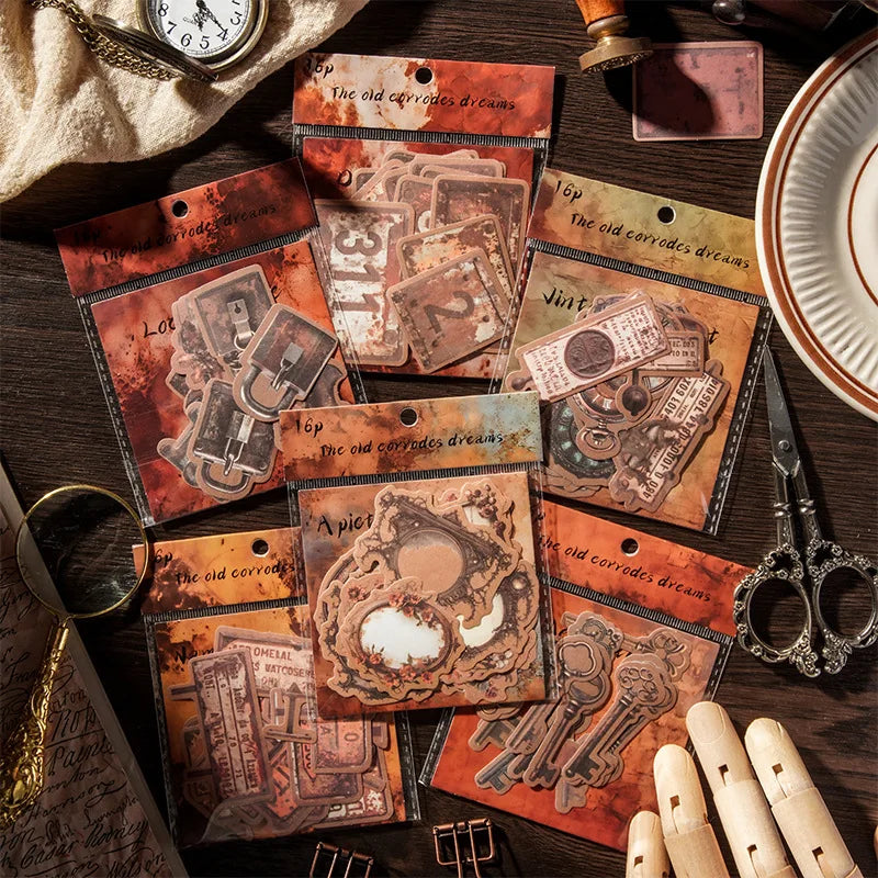 16 Stickers Per Pack Old Erosion Invasion Dreams Series Retro Old Handbook Material Stickers