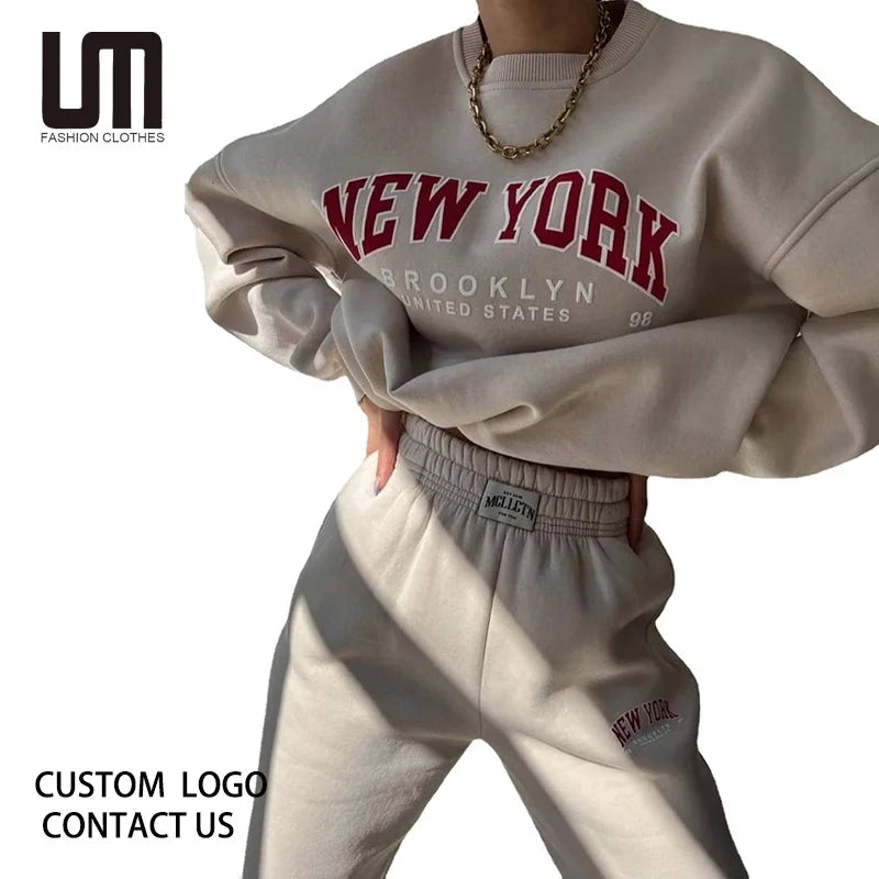 OEM Service New Arrivals Fall Winter Women Clothing Fashion Thick Loose Letter Printed Sweatshirt and Sweatpants Set