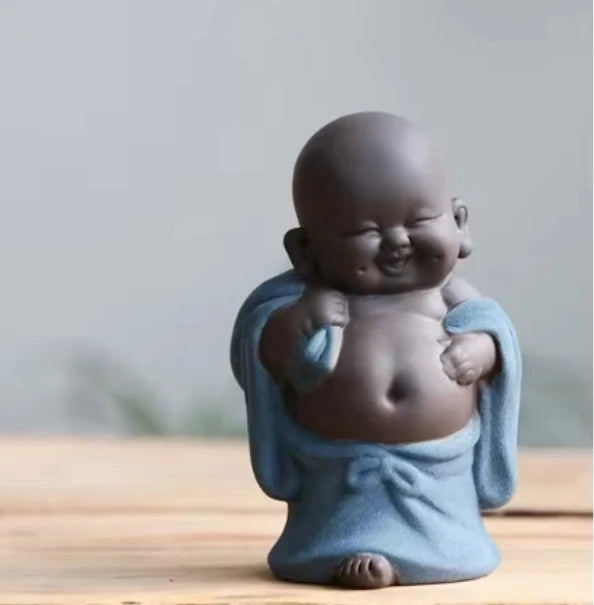 Handmade Tea Ornaments Small pink Green Smile Laughing Little Monk Ceramic Buddha Statue Tea Pet