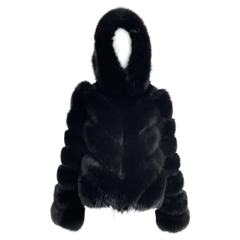 Factory Wholesale Customized Black Short Hooded V-cut Winter Warm Women's Real Fox Fur Thick Cotton Polyester Breathable High