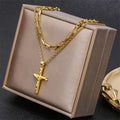 Hot Sale Fashion Double Layer Titanium Steel Square Link Chain 24k Gold Cross Pendant Necklace