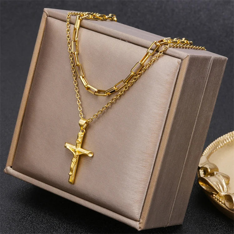Hot Sale Fashion Double Layer Titanium Steel Square Link Chain 24k Gold Cross Pendant Necklace