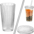 Wholesale 375ml Eco-Friendly Heat-Resistant Reusable Drinking Glassware Vertical Stripes Clear Tumbler Lid Ribbed Glass Can Cups