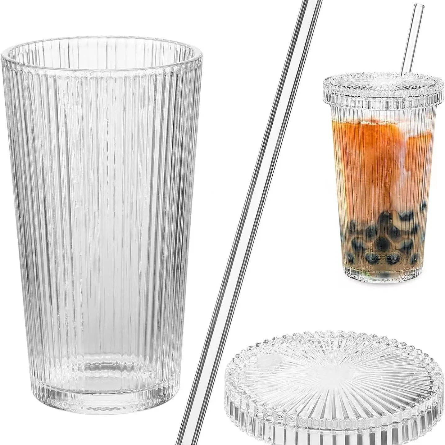 Wholesale 375ml Eco-Friendly Heat-Resistant Reusable Drinking Glassware Vertical Stripes Clear Tumbler Lid Ribbed Glass Can Cups