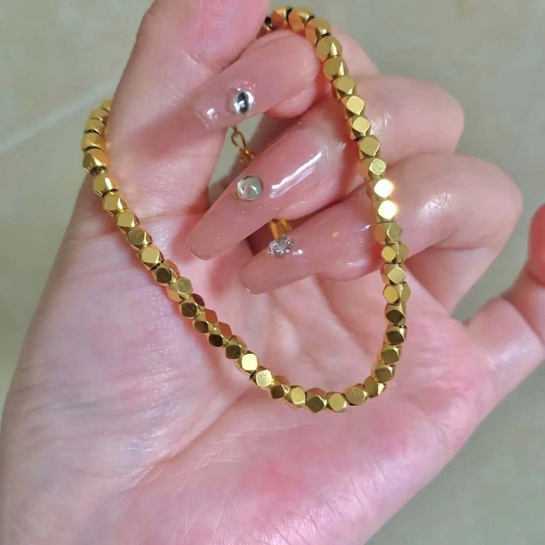 Women's Non-Allergic Wrist Chain Geometric Cut Square Beads Chain Ultra-Durable Stainless Steel PVD Gold Beaded Chain Bracelets