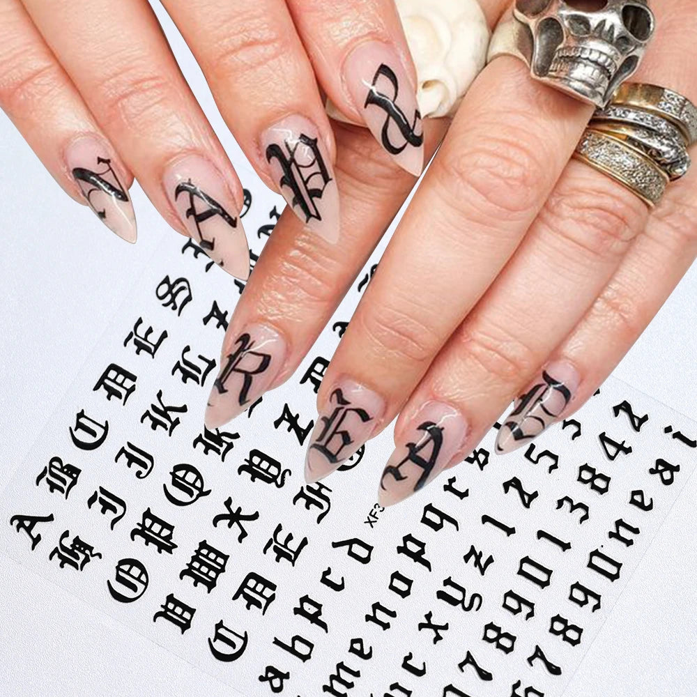Newest Retro Alphabet Letter Design 3d Nail Art Sticker 26 English Alphabet Number Decal Rhinestones Decoration Manicure Tools