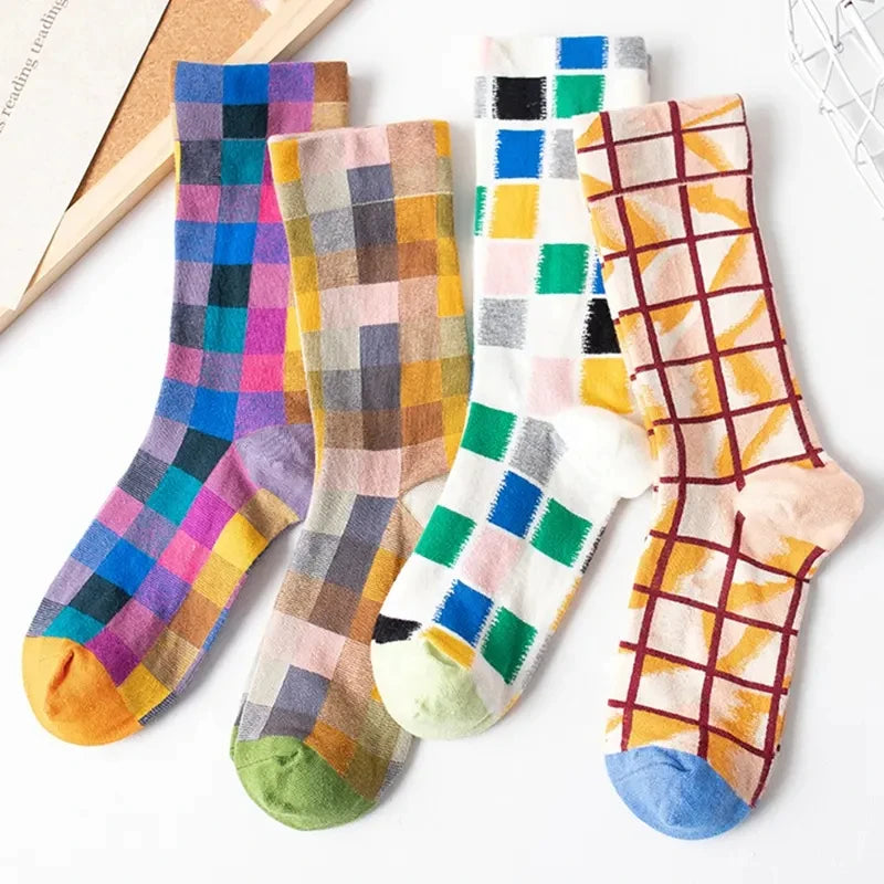 Wholesale Fashion Colorful Plaid Patterned Socks Luxury Designer Cotton Crew Socks for Women