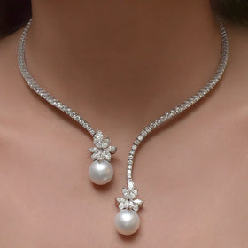 Trendy Imitation Pearl Zircon Flower Design 18K Gold Plated Box Chain Bridal Wedding Necklace for Women