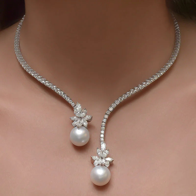 Trendy Imitation Pearl Zircon Flower Design 18K Gold Plated Box Chain Bridal Wedding Necklace for Women