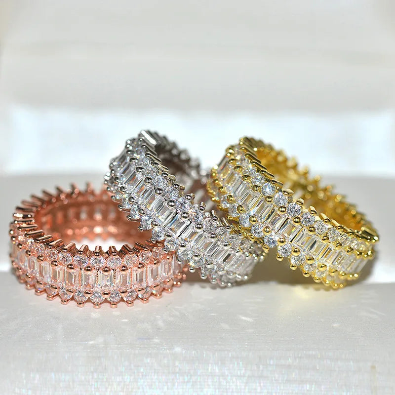 Luxury Brass Real 18k Gold Plated Full Clear Rectangle CZ Band Rings Bling Bling White Zircon Finger Rings for Women