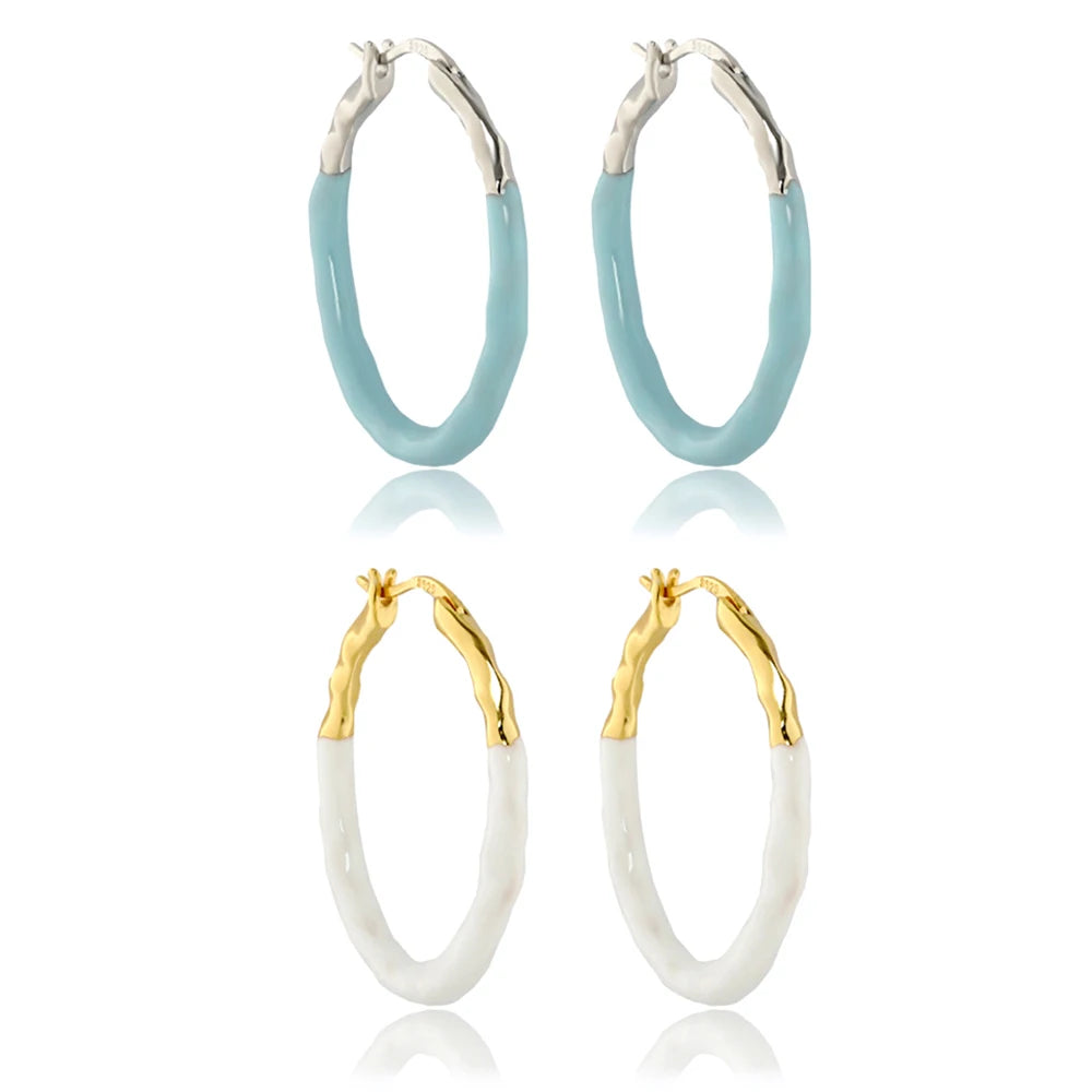 FUAMAY Gold Plated Vermeil Silver Large 30mm Oval Hoop Earrings White Enamel Irregular Hoop Earrings with Zircon for Party