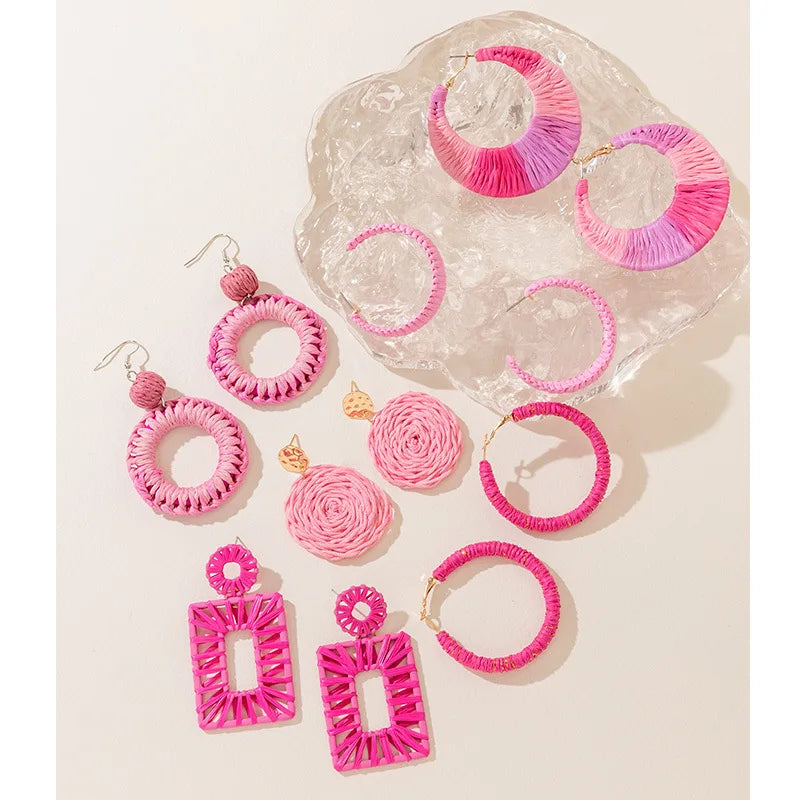 HOVANCI Fashion Romantic Pink Raffia Earring Jewelry Bohemian Handmade Woven Rattan Stud Earrings for Women