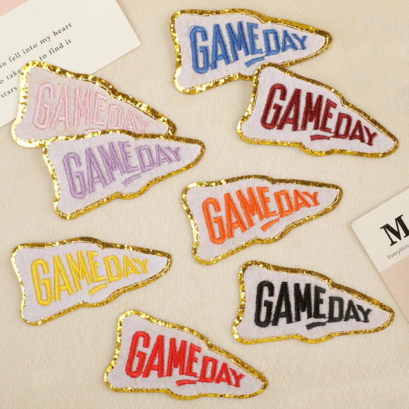 Fashion Garment Accessories Eco-Friendly PVC Gold Glitter Border Iron on Embroidery Game Day Patches