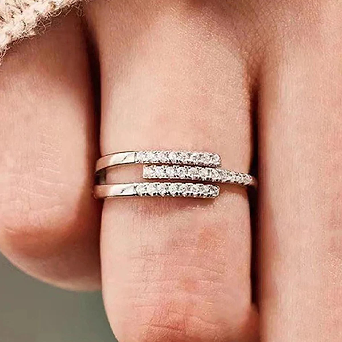 Huitan S925 Simple Style Multi Layer Dazzling Zircon Geometric Design Opening Finger Ring for Wedding Sterling Silver Ring Women