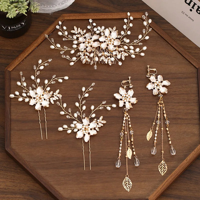 5PCS Bridal Pearl Headdress Sets Hair Comb Hairpins Earring Sets Handmade Flower Hair Accessories