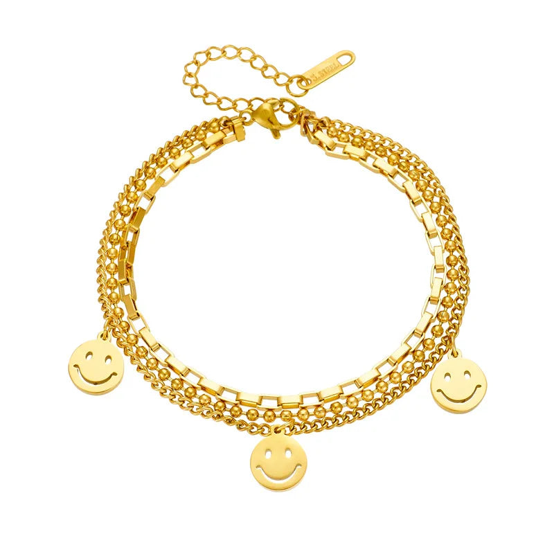 Nabest Three Layers Gold Plated Smile Face Charm Tassel Bracelet Stainless Steel Bohemia Bracelets Jewelry Women