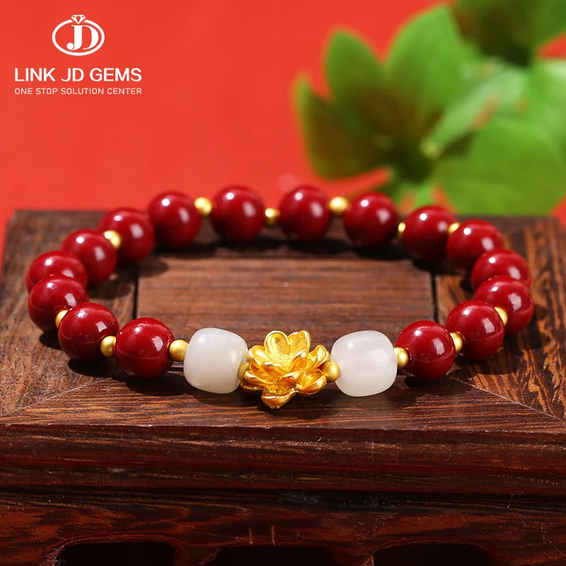 JD GEMS Bohemian Precious Metal Alloy Single Circle Bead Charm Bracelet Purple Cinnabar Light Green Jade Wedding Anniversary