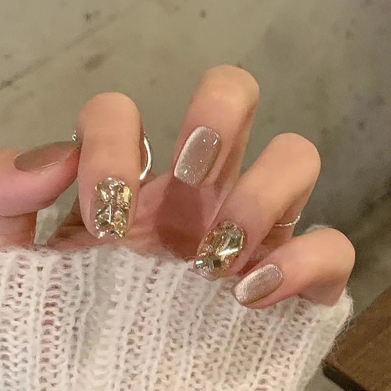 Pure Handmade 3D Full Cover Cat Eye Champagne Diamond ABS Press-On Nails High Quality Artificial Nails for Finger