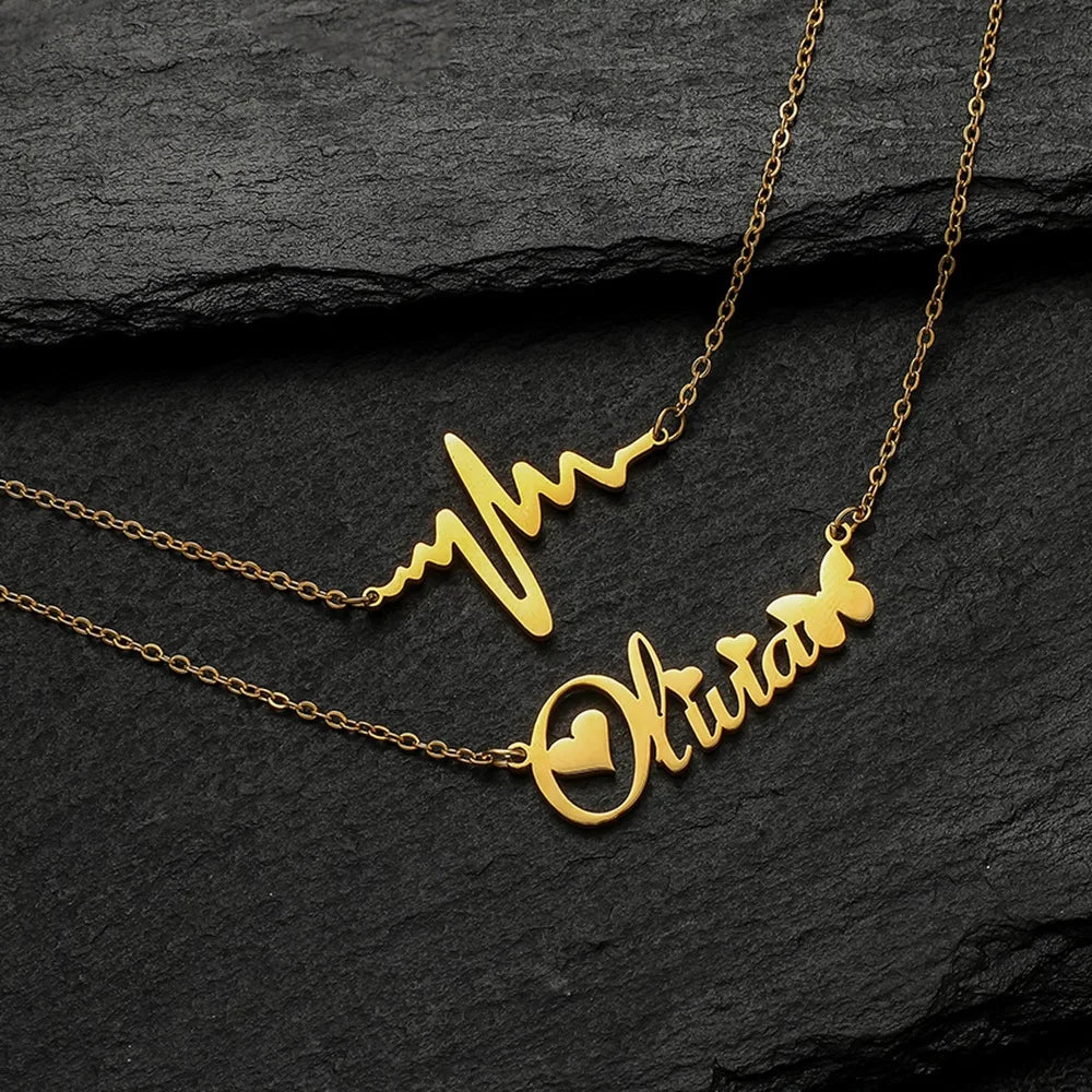 Personalized Jewelry Stainless Steel DIY Custom Letter Gold Plated Name Necklace for Women Couple Double Layers Necklace
