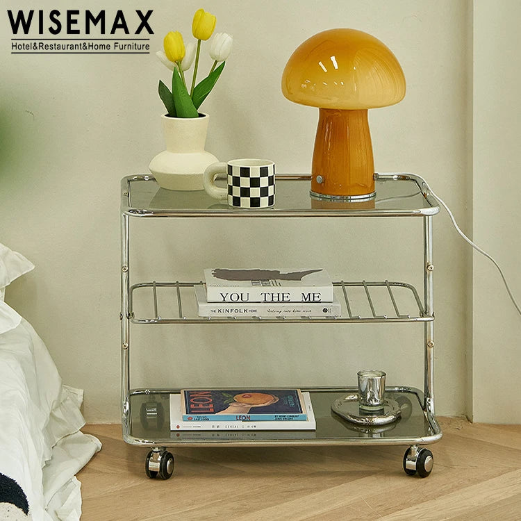 WISEMAX FURNITURE Nordic Living Room Furniture Double Layers Coffee Table Metal Frame Transparent Glass Top Side Trolley Table