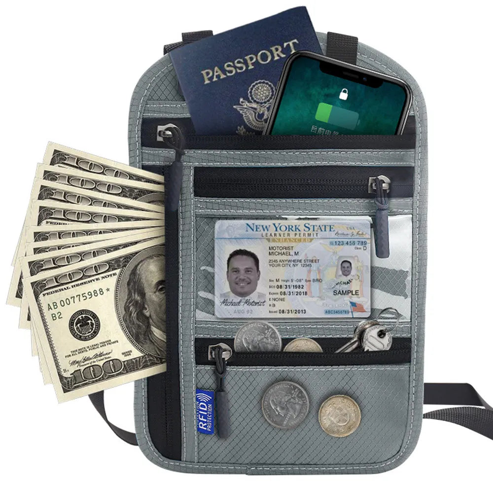 Factory Wholesale Adjustable Travel Neck Wallet Breathable Nylon Fabric RFID Blocking Passport Holder Neck Pouch Wallet