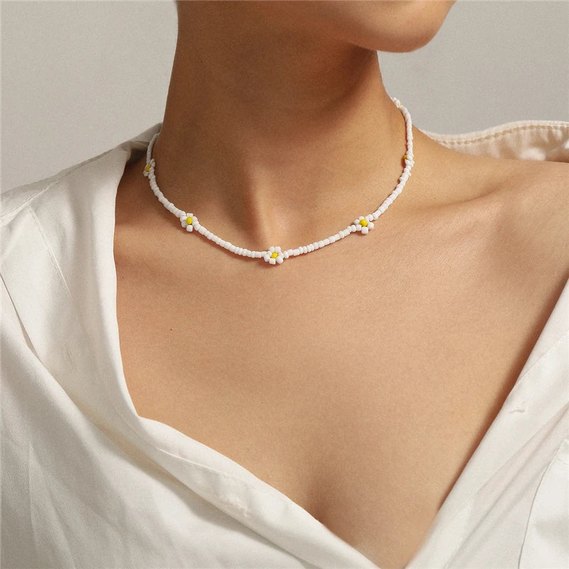 Handmade Jewelry Choker Woven Braided Necklace Resin Yellow Flower Beaded Necklace Women Online